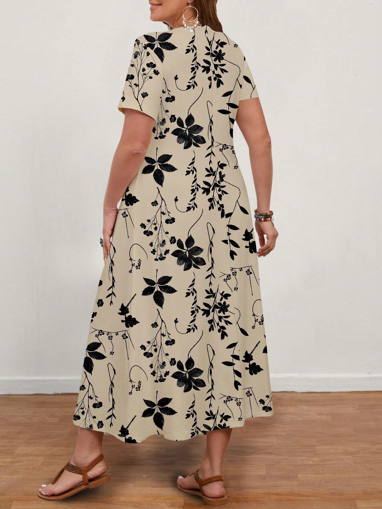 EMERY ROSE Plus Size Women's Casual Solid Color Silhouette Floral Pattern V - Neck Short Sleeve Dress For Summer,Beach Dress Sundress,Holiday Outfits Boho Suitable For Going Out Chic Dress - Negative Apparel