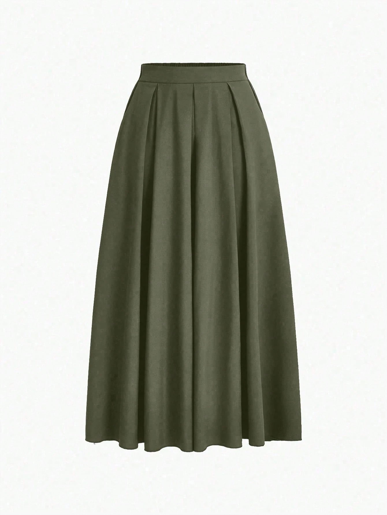 EMERY ROSE Plus Solid Slant Pocket Plicated Detail Skirt Women Maxi Skirt - Negative Apparel