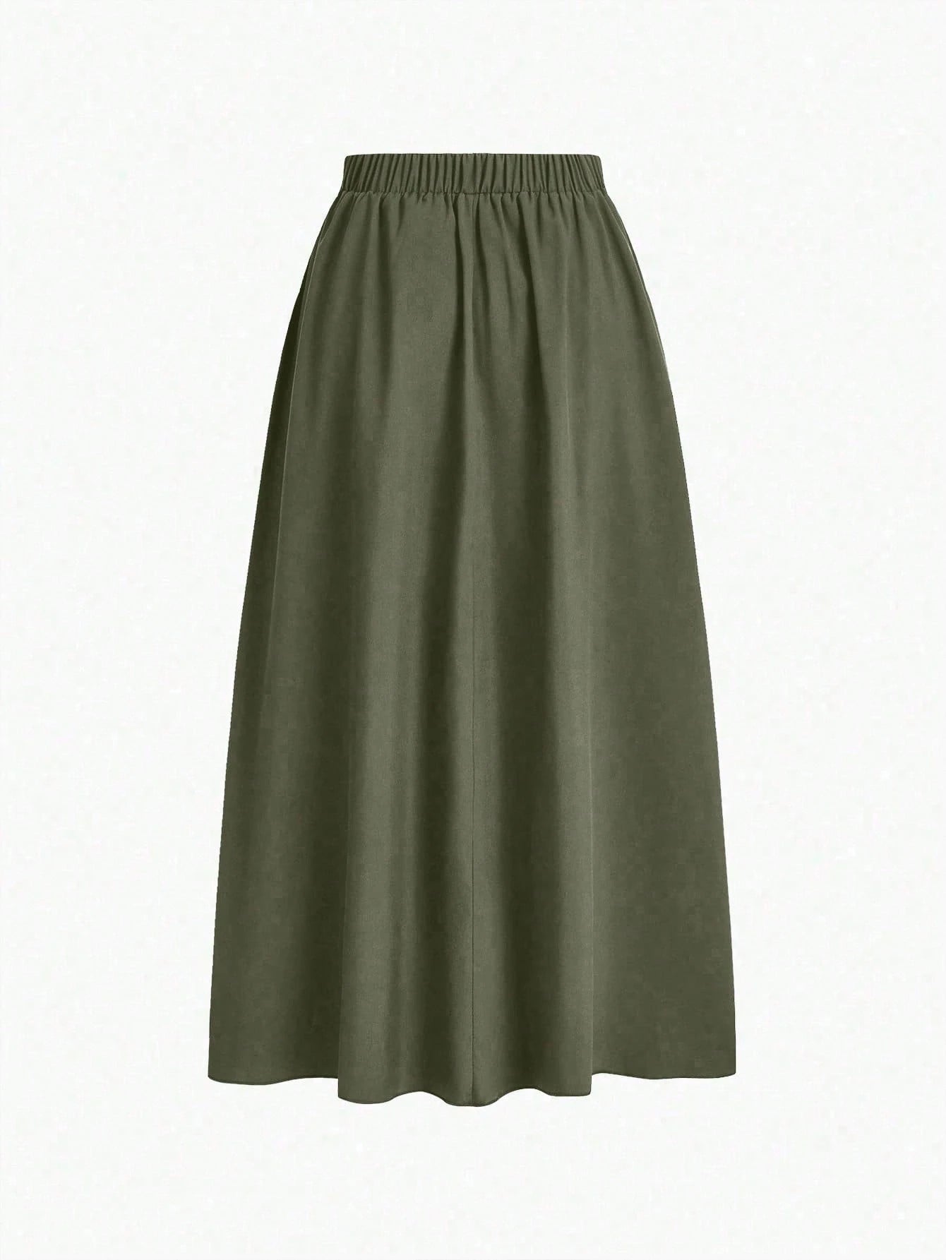 EMERY ROSE Plus Solid Slant Pocket Plicated Detail Skirt Women Maxi Skirt - Negative Apparel