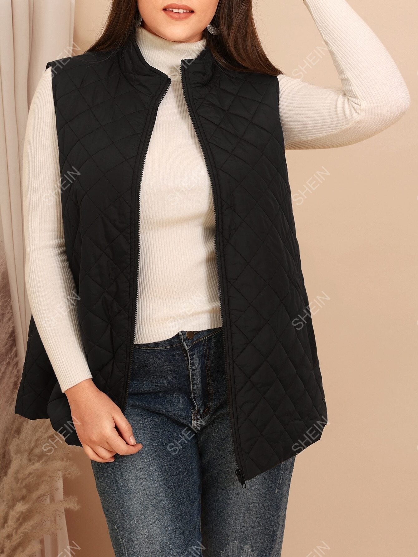 EMERY ROSE Plus Zip Up Quilted Vest Coat - Negative Apparel