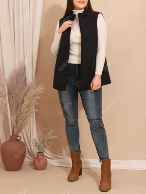 EMERY ROSE Plus Zip Up Quilted Vest Coat - Negative Apparel