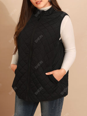 EMERY ROSE Plus Zip Up Quilted Vest Coat - Negative Apparel