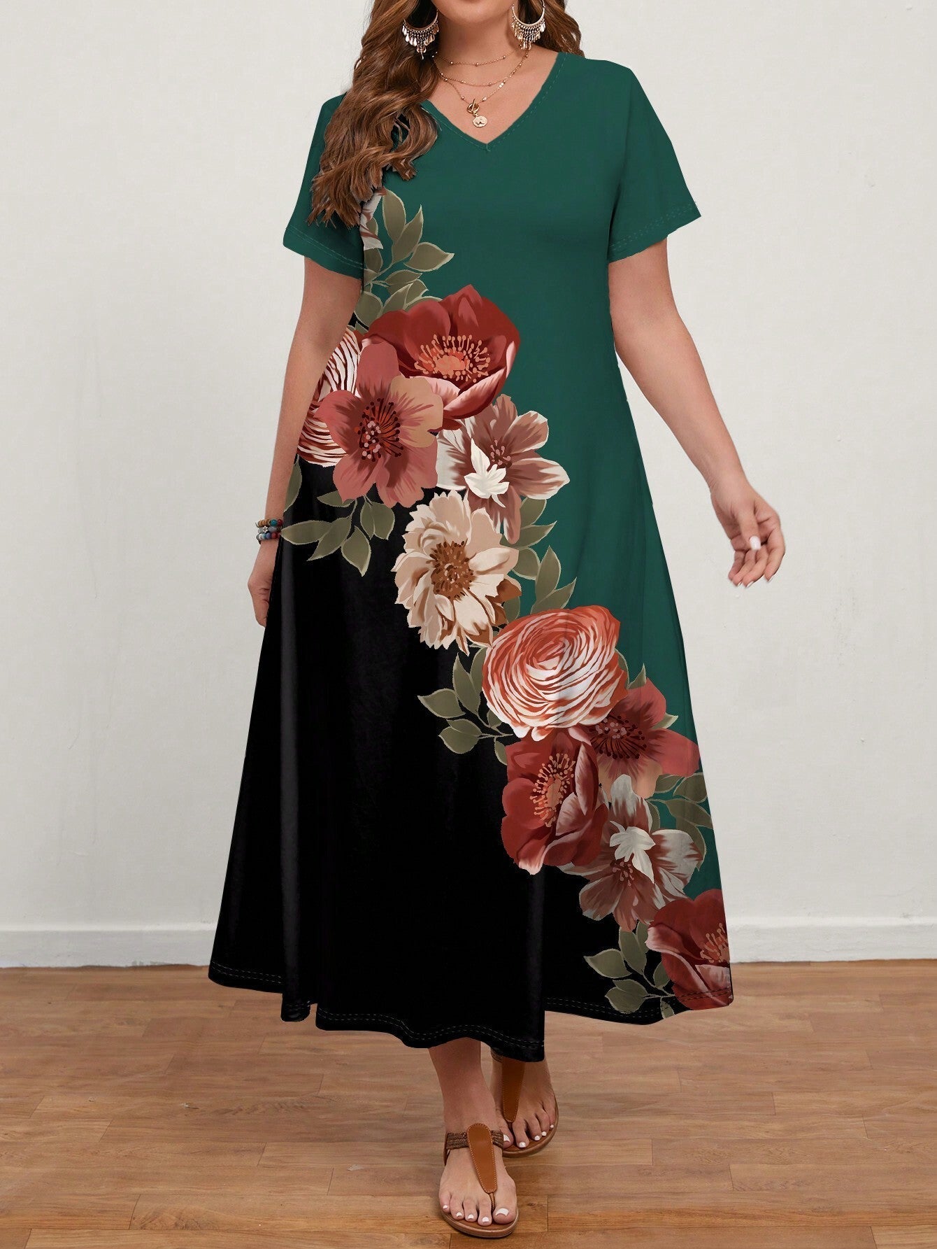 EMERY ROSE Women'S Plus Size Rose Flower Printed Short Sleev Negative Apparel EMERY ROSE Women'S Plus Size Rose Flower Printed Short Sleev Negative Apparel