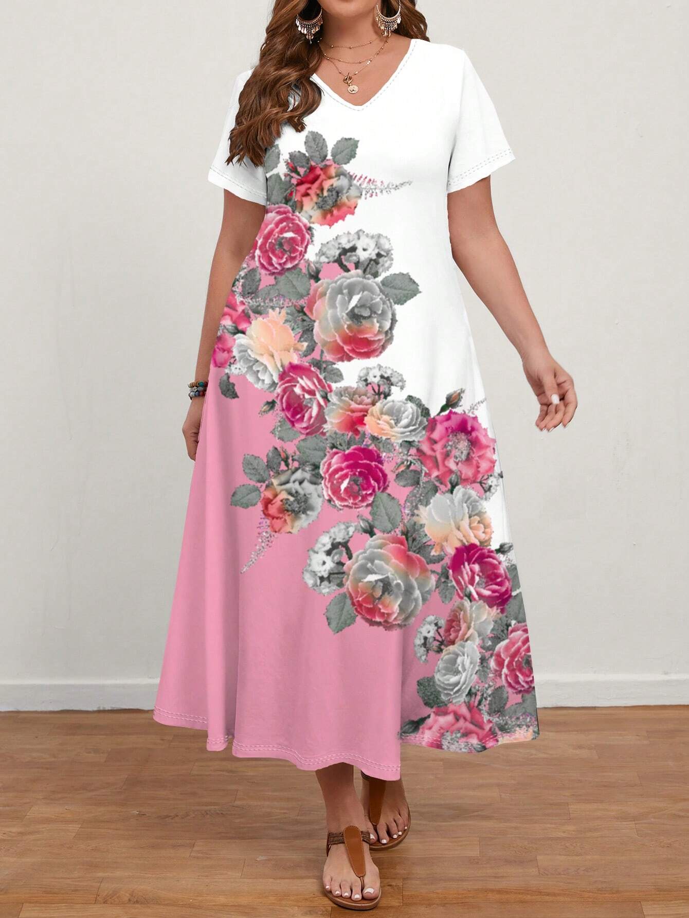 EMERY ROSE Women'S Plus Size ROSE Flower Printed Short Sleeve Long Dress - 18 (3XL) / Pink EMERY ROSE Women'S Plus Size ROSE Flower Printed Short Sleeve Long Dress - 18 (3XL) / Pink