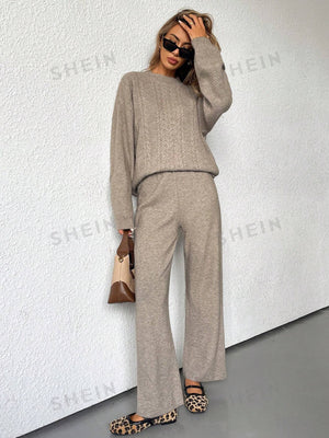 Essnce 2pcs Set: Casual Round Neck Loose Knit Sweater And Straight - Leg Pants - Negative Apparel