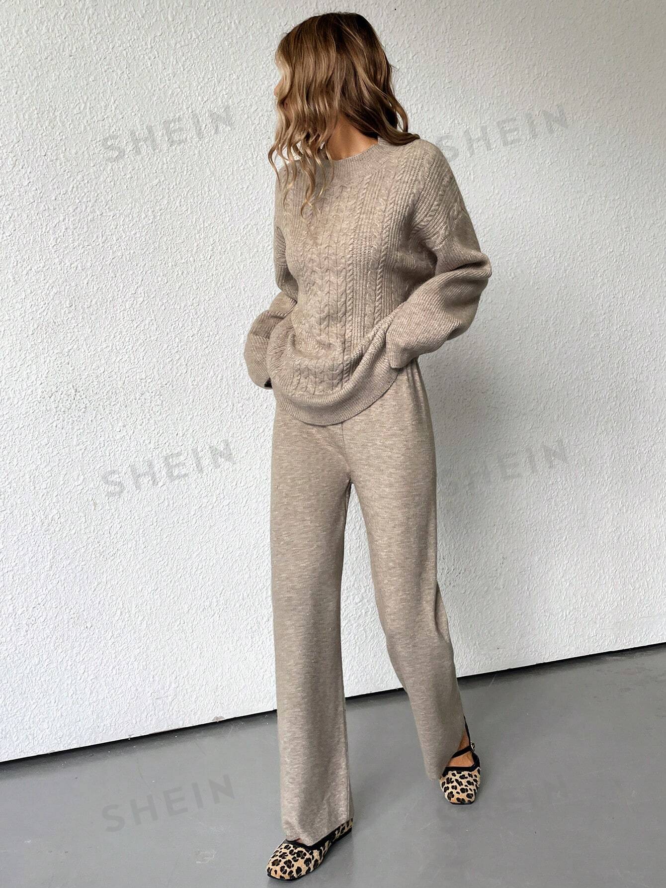 Essnce 2pcs Set: Casual Round Neck Loose Knit Sweater And Straight - Leg Pants - Negative Apparel