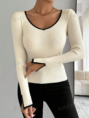 Essnce Black Edged, Split Cuff, Slim Fit Women's Casual Sweater - Negative Apparel