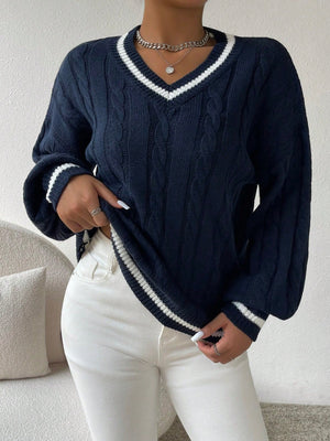 Essnce Lantern Sleeves Striped Cable Knit Sweater - Negative Apparel