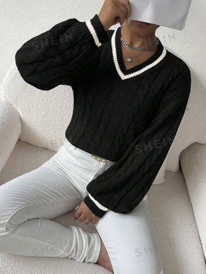 Essnce Lantern Sleeves Striped Cable Knit Sweater - Negative Apparel