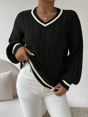 Essnce Lantern Sleeves Striped Cable Knit Sweater - Negative Apparel