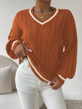 Essnce Lantern Sleeves Striped Cable Knit Sweater - Negative Apparel