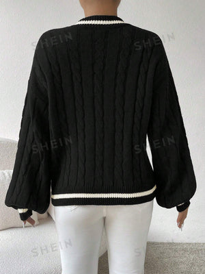 Essnce Lantern Sleeves Striped Cable Knit Sweater - Negative Apparel