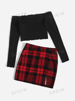 Essnce Ribbed Knit Lettuce Trim Off Shoulder Crop Top & Plaid Print Split Hem Skirt - Negative Apparel