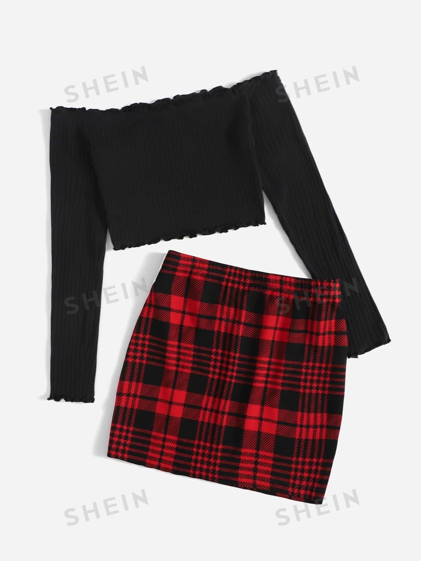 Essnce Ribbed Knit Lettuce Trim Off Shoulder Crop Top & Plaid Print Split Hem Skirt - Negative Apparel