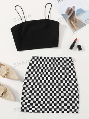 Essnce Solid Crop Cami Top & Checked Print Skirt - Negative Apparel