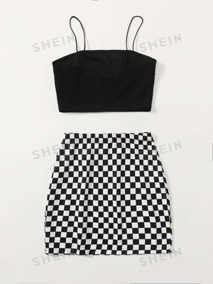 Essnce Solid Crop Cami Top & Checked Print Skirt - Negative Apparel