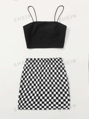 Essnce Solid Crop Cami Top & Checked Print Skirt - Negative Apparel