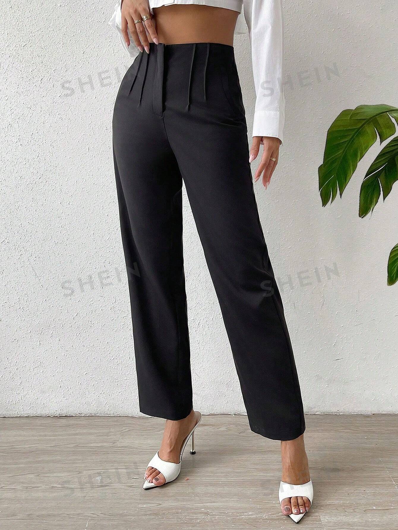 Essnce Solid Fold Pleated Straight Leg Pants - Negative Apparel