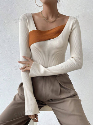 Essnce Two Tone Asymmetrical Neck Ribbed Knit Sweater - Negative Apparel