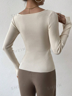 Essnce Two Tone Asymmetrical Neck Ribbed Knit Sweater - Negative Apparel