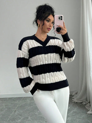 Essnce Two Tone Cable Knit Drop Shoulder Sweater - Negative Apparel