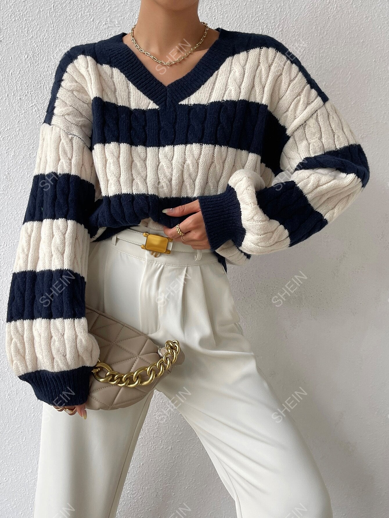 Essnce Two Tone Cable Knit Drop Shoulder Sweater - Negative Apparel