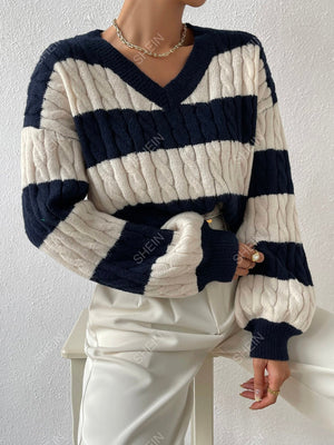 Essnce Two Tone Cable Knit Drop Shoulder Sweater - Negative Apparel