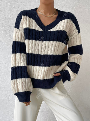 Essnce Two Tone Cable Knit Drop Shoulder Sweater - Negative Apparel