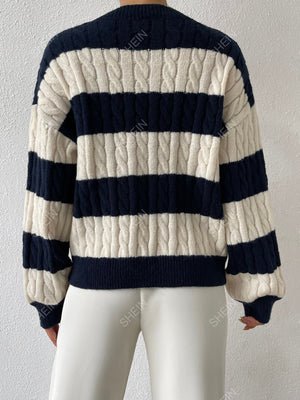 Essnce Two Tone Cable Knit Drop Shoulder Sweater - Negative Apparel