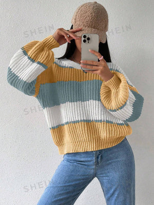 Essnce Women's Colorblock Crew Neck Drop Shoulder Long Sleeve Casual Sweater - Negative Apparel