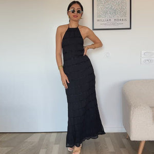 Ethereal Muse | Backless Pleated Halter Maxi Dress - Negative Apparel