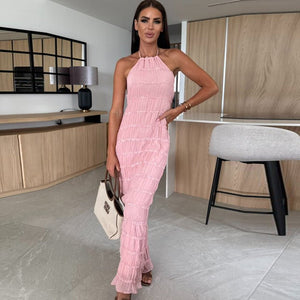 Ethereal Muse | Backless Pleated Halter Maxi Dress - Negative Apparel