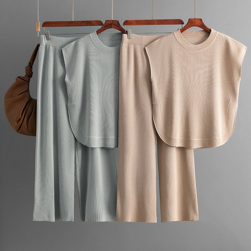 European and American cross - border suit 2025 new simple fashion loose sleeveless knitted top wide - leg pants two - piece set for women - Negative Apparel