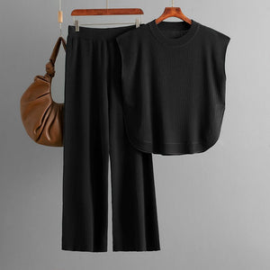 European and American cross - border suit 2025 new simple fashion loose sleeveless knitted top wide - leg pants two - piece set for women - Negative Apparel