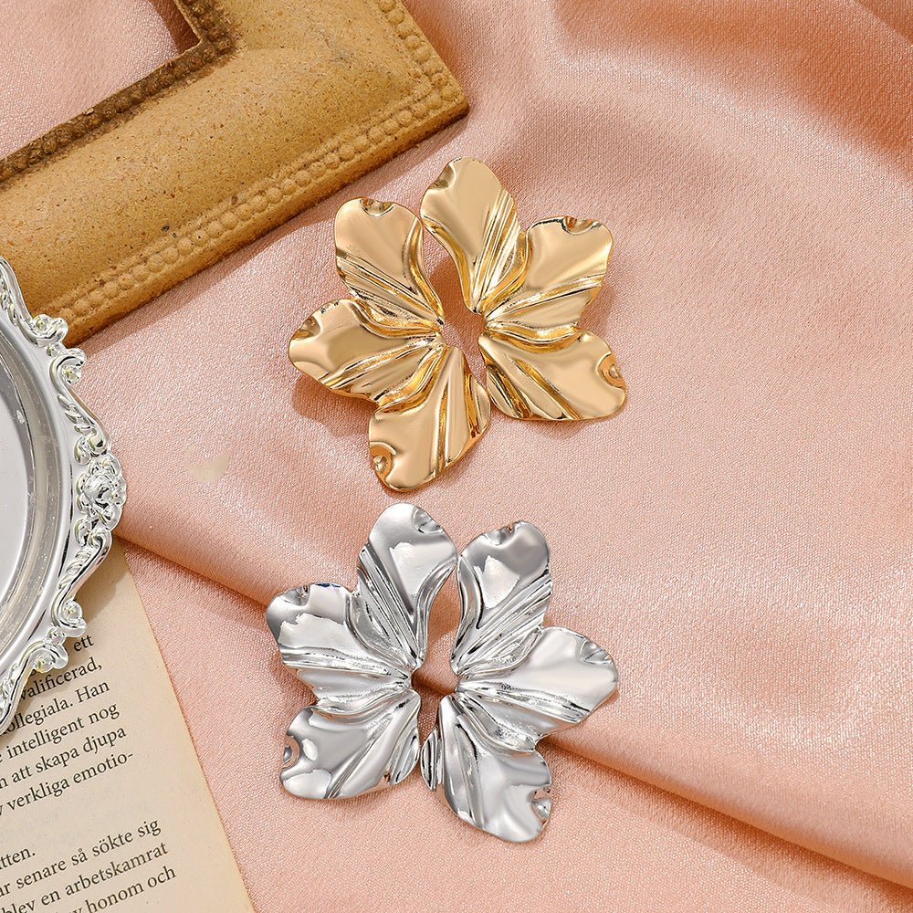 European and American retro exaggerated golden flower earrings simple temperament matte irregular petal earrings alloy earrings for women - Negative Apparel