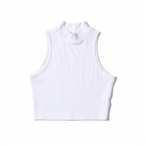 European and American summer new retro small high collar vest women's elastic slim fit short style navel - exposed sleeveless sports top - Negative Apparel