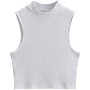 European and American summer new retro small high collar vest women's elastic slim fit short style navel - exposed sleeveless sports top - Negative Apparel