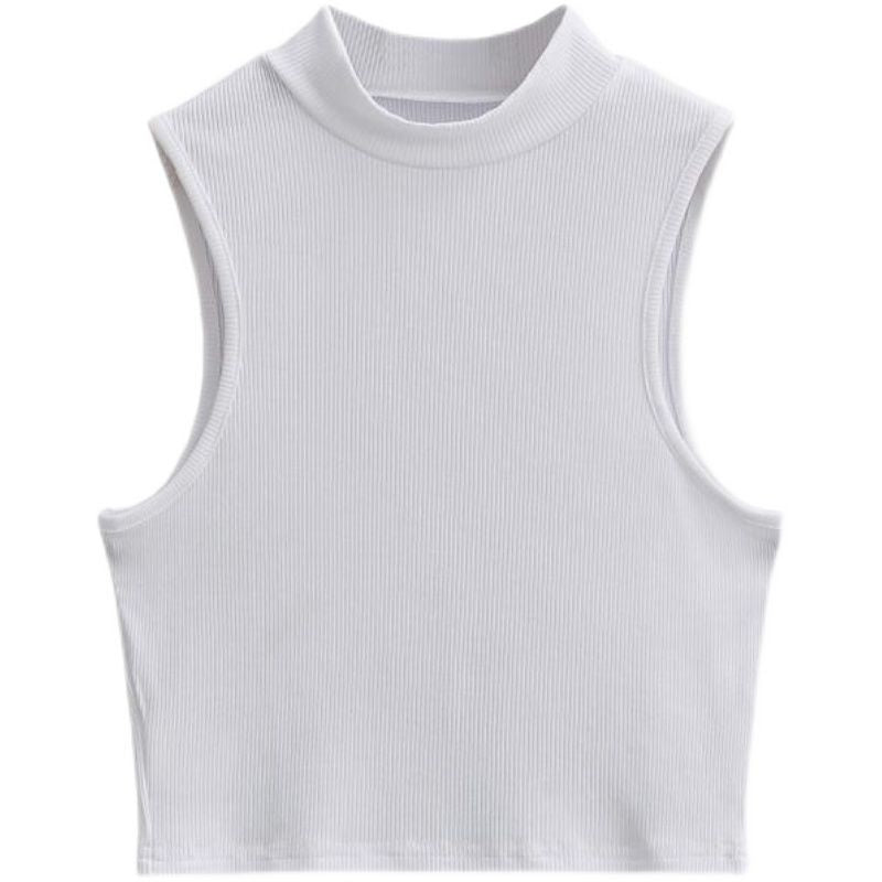 European and American summer new retro small high collar vest women's elastic slim fit short style navel - exposed sleeveless sports top - Negative Apparel