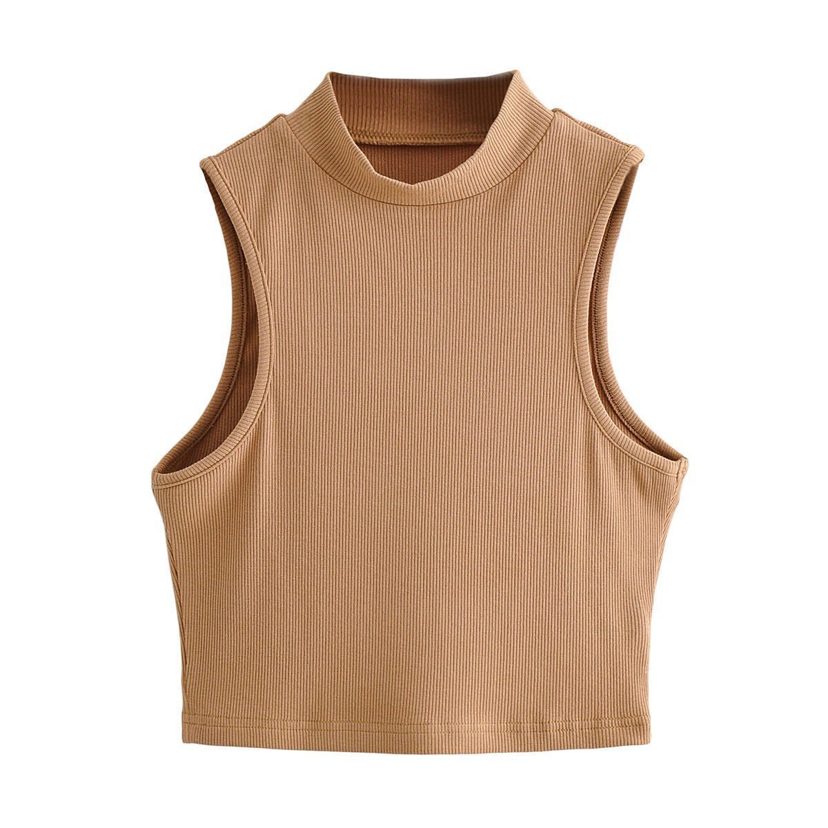 European and American summer new retro small high collar vest women's elastic slim fit short style navel - exposed sleeveless sports top - Negative Apparel
