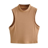 European and American summer new retro small high collar vest women's elastic slim fit short style navel - exposed sleeveless sports top - Negative Apparel