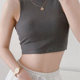 European and American summer new retro small high collar vest women's elastic slim fit short style navel - exposed sleeveless sports top - Negative Apparel