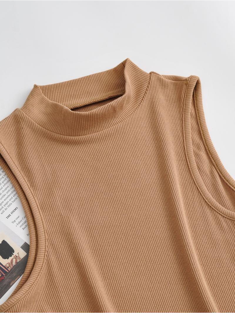 European and American summer new retro small high collar vest women's elastic slim fit short style navel - exposed sleeveless sports top - Negative Apparel