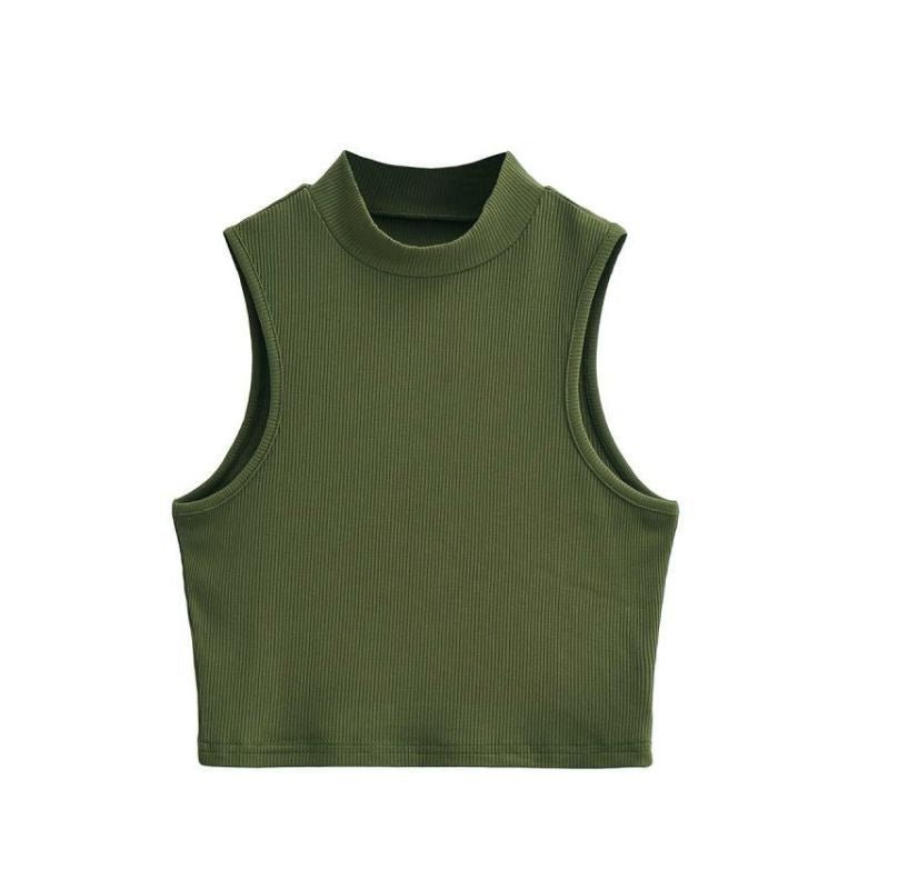European and American summer new retro small high collar vest women's elastic slim fit short style navel - exposed sleeveless sports top - Negative Apparel