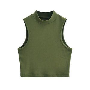 European and American summer new retro small high collar vest women's elastic slim fit short style navel - exposed sleeveless sports top - Negative Apparel