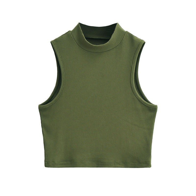 European and American summer new retro small high collar vest women's elastic slim fit short style navel - exposed sleeveless sports top - Negative Apparel
