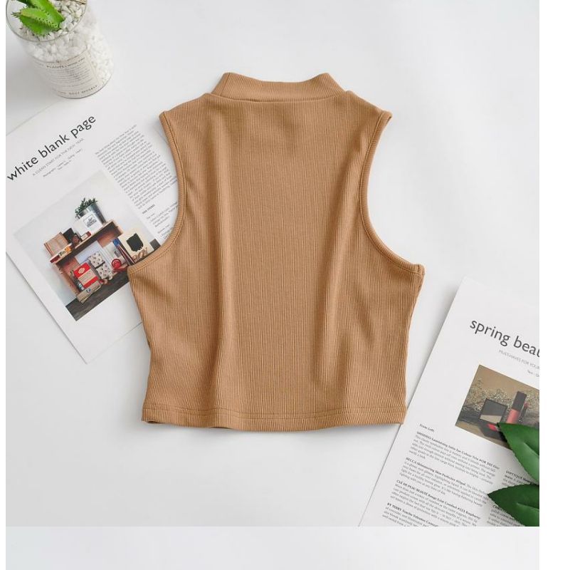 European and American summer new retro small high collar vest women's elastic slim fit short style navel - exposed sleeveless sports top - Negative Apparel