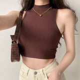European and American summer new retro small high collar vest women's elastic slim fit short style navel - exposed sleeveless sports top - Negative Apparel