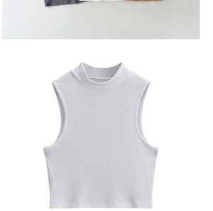 European and American summer new retro small high collar vest women's elastic slim fit short style navel - exposed sleeveless sports top - Negative Apparel
