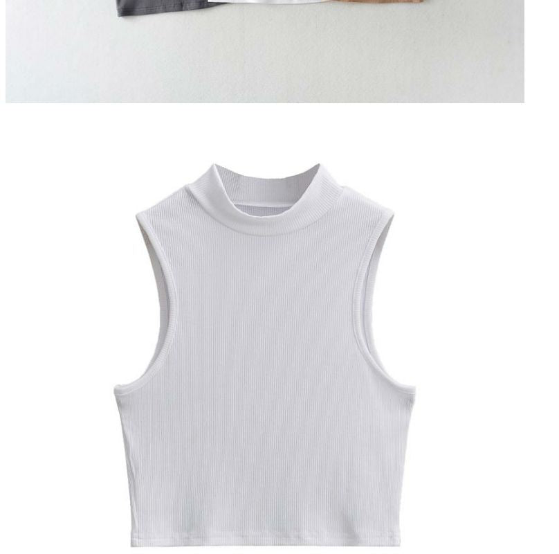 European and American summer new retro small high collar vest women's elastic slim fit short style navel - exposed sleeveless sports top - Negative Apparel