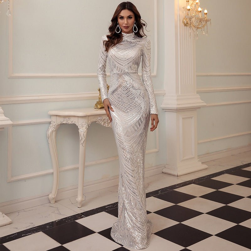 Evening dress banquet sequin round neck long sleeve dress bridesmaid dress - Negative Apparel